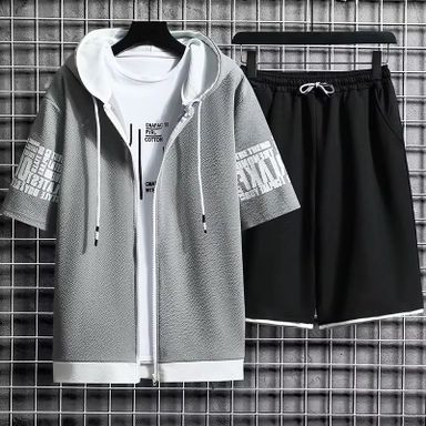 2025 Summer New Hooded Casual Loose Sports Top Shorts Two-piece Set Men's Cardigan Sweatshirt Set
