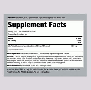 Milk Thistle Seed Extract, 3000 mg (por porción), 100 cápsulas de liberación rápida