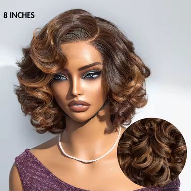 Natural Black Short Curly Indian Hair Wigs, Ready to Go Loose Wave Glueless Minimalist 4x4 Lace Short Bob Wig for Women