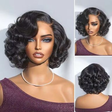 Natural Black Short Curly Indian Hair Wigs, Ready to Go Loose Wave Glueless Minimalist 4x4 Lace Short Bob Wig for Women