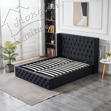 HIGH RISE BLACK VELVET STORAGE BED DOUBLE 4X6.3 FEET