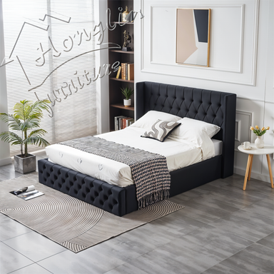 HIGH RISE BLACK VELVET STORAGE BED DOUBLE 4X6.3 FEET