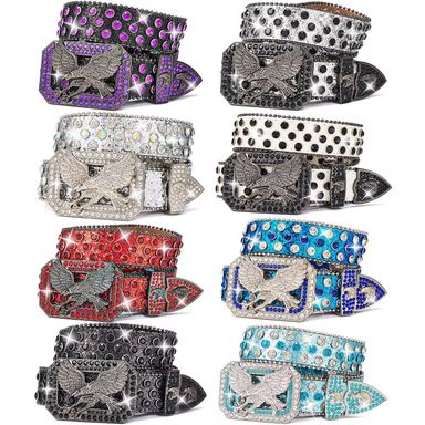 2024 New Retro Metal for Buckle Design Punk Crystal Eagle Belt with Diamond Fashion Cowboy Rhinestone Western Leather Belt