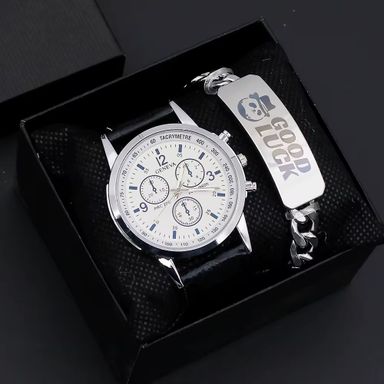 Classic Wrist Watch for Men Leather Strap Fashion Men Quartz Watches and Bracelet Set