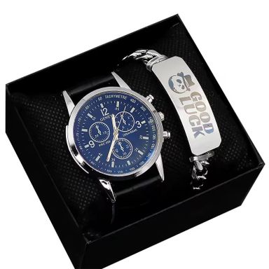 Classic Wrist Watch for Men Leather Strap Fashion Men Quartz Watches and Bracelet Set