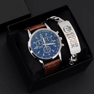 Classic Wrist Watch for Men Leather Strap Fashion Men Quartz Watches and Bracelet Set