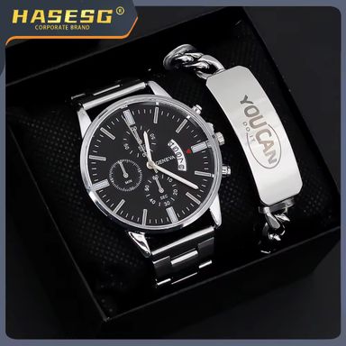 Wrist Watch for Men Simple With Calendar Dial Fashion Men Quartz Watches and Stainless Steel Bracelet Set