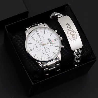 Wrist Watch for Men Simple With Calendar Dial Fashion Men Quartz Watches and Stainless Steel Bracelet Set