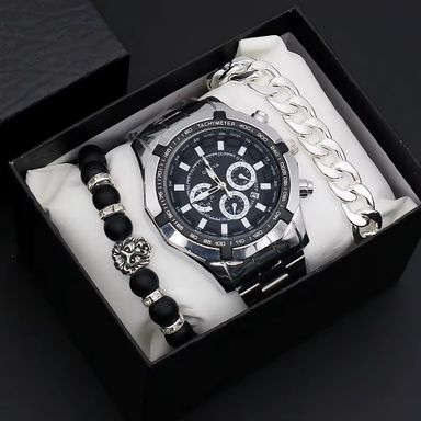 Fashion Wrist Watch for Men With Calendar Big Dial Fashion Men Quartz Watches and Bracelet Set