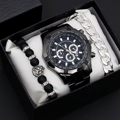 Fashion Wrist Watch for Men With Calendar Big Dial Fashion Men Quartz Watches and Bracelet Set