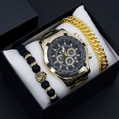 Fashion Wrist Watch for Men With Calendar Big Dial Fashion Men Quartz Watches and Bracelet Set