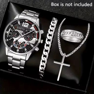 Luxury Men's Business Quartz Watch Scale Three Eye Decorative Cross Necklace Bracelet Ring Set -41mm Dial Calendar Men's Watch