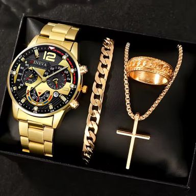 Luxury Men's Business Quartz Watch Scale Three Eye Decorative Cross Necklace Bracelet Ring Set -41mm Dial Calendar Men's Watch