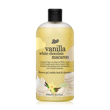 Boots Shower Gel Bubble Bath & Shampoo 500ml - Vanilla White Chocolate Macaron