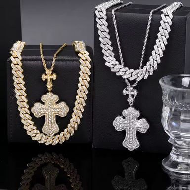 Iced Punk Rhinestone Cross Pendant with Cuban Chain Link Charm Hip Hop Jewelry Set for Men and Women Cross Pendant Rope Chain