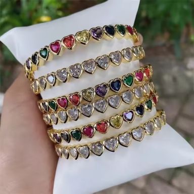 Rainbow Heart Zircon Bracelet Multicolor Tennis Chain Accessory Elegant Bangles Brass Jewelry for Women Girls