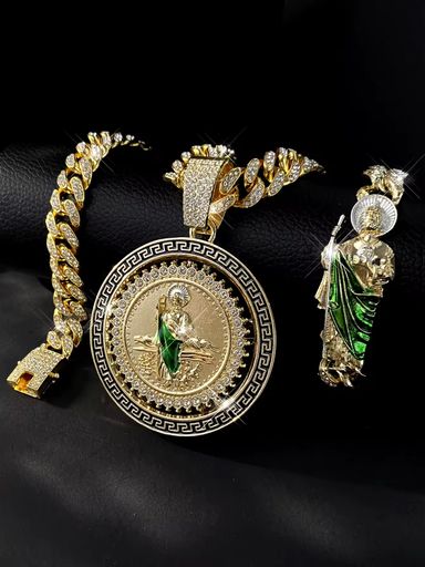 Hip Hop Cuban Link Chain Necklace with Saint Jude Pendant and Bracelet Fashion Rotatable Jewelry Set Party and Daily Decor