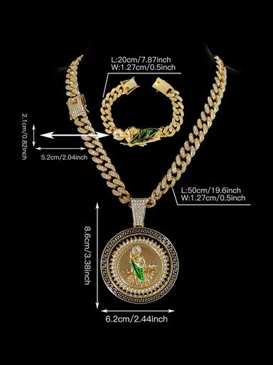 Hip Hop Cuban Link Chain Necklace with Saint Jude Pendant and Bracelet Fashion Rotatable Jewelry Set Party and Daily Decor