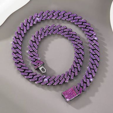 Iced Out 2 Rows Miami Cuban Chain Necklace Gorgeous Faux Diamond Cuban Link Chain Purple Hip Hop Jewelry Set for Men and Women