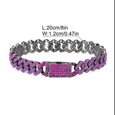 Iced Out 2 Rows Miami Cuban Chain Necklace Gorgeous Faux Diamond Cuban Link Chain Purple Hip Hop Jewelry Set for Men and Women