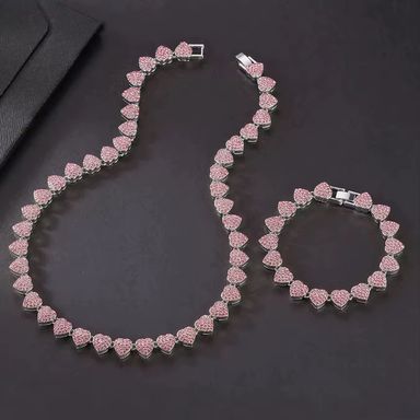 2Pcs Set Shiny Clustered Heart Iced Out Miami Necklace and Bracelet Pink/Silvery Bracelet Valentine's Day Gift for Men Women
