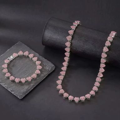 2Pcs Set Shiny Clustered Heart Iced Out Miami Necklace and Bracelet Pink/Silvery Bracelet Valentine's Day Gift for Men Women
