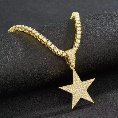 Iced Out Hip Hop Star Pendant Necklace for Men Women Bling 4MM Tennis Chain Fashion Jewelry Rapper Necklace Gift