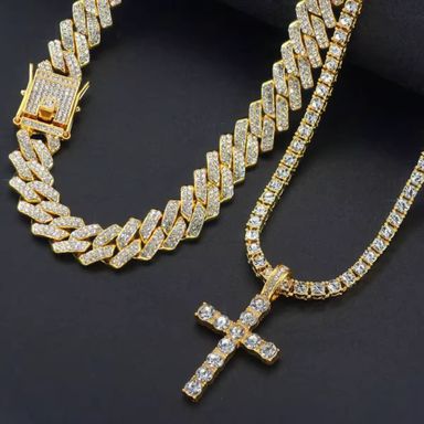 2Pcs Punk Crystal Cross Ankh Tennis Chain Iced Out Prong Cuban Link Chain Necklace for Men Women Rapper Necklaces Hiphop Jewelry