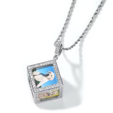Customize and Wholesale 2Pcs/Set Three-dimensional square Photo Pendant Necklace for Men Women Shiny HipHop Cube Picture Pendant