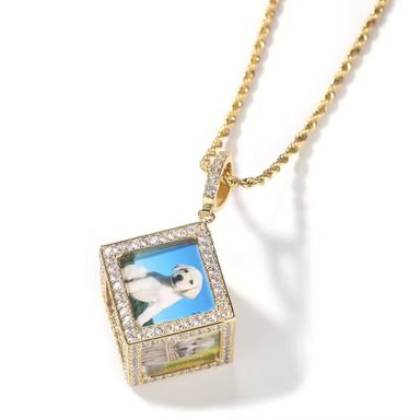 Customize and Wholesale 2Pcs/Set Three-dimensional square Photo Pendant Necklace for Men Women Shiny HipHop Cube Picture Pendant