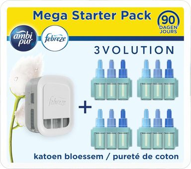 Megapack Febreze 3Volution (Prise + 4 Recharges de 20ml)  Pureté De Coton,  Pour Un An de Fraîcheur