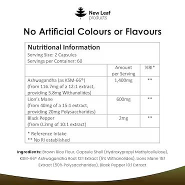 New Leaf Products Ashwagandha Ksm-66 And Lions Mane Capsules 120 Capsules