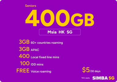 SIMBA Seniors Plan $5 400GB SG+MY+HK Plan Renewal