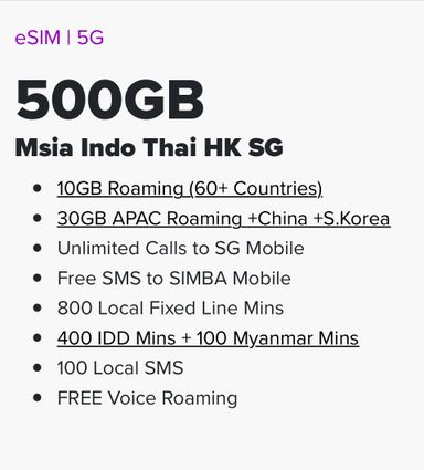 SIMBA SuperRoam18 500GB SG+MY+ID+Thai+HK Plan Renewal