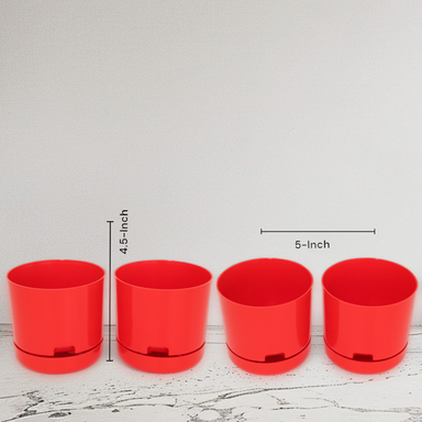 Red | Bloom9 Self-Watering Pot | 5-Inch | {Free 1kg Organic Pot Mix} | Pack of 4