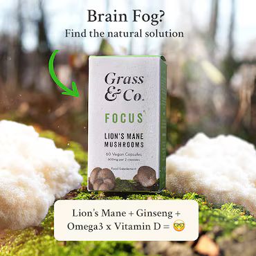 Grass & Co. FOCUS Lion's Mane Mushrooms with Ginseng + Omega-3 60 Vegan Capsules  