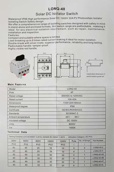 DR Light LONQ-40 40Amp Solar Photovoltaic DC Isolator Switch Light (10006626)