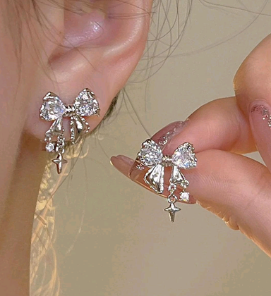 Rhinestone Bow Stud Earrings.