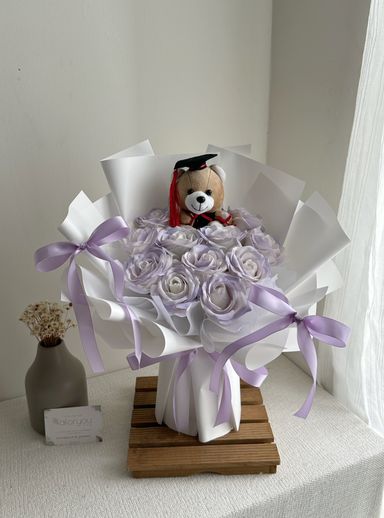 Graduation Bear 11 Stalk Soap Rose Ribbon Bouquet  