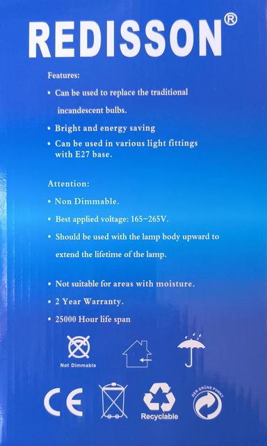 REDISSON B-Series GFS 220v AC 125Watt E27 (Screw Type) 6500K Cool White LED Bulb (10007626)