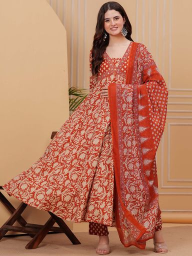Empire Style Pure Cotton Anarkali Kurta With Trousers & Dupatta