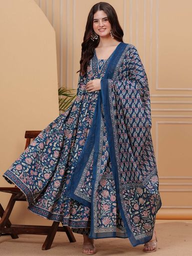 Empire Style Pure Cotton Anarkali Kurta With Trousers & Dupatta