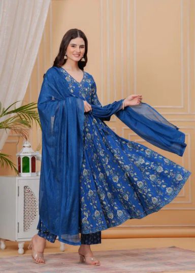 Empire Style Pure Cotton Anarkali Kurta With Trousers & Dupatta