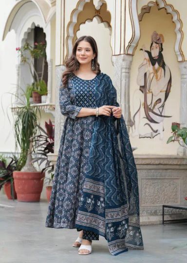 Empire Style Pure Cotton Anarkali Kurta With Trousers & Dupatta