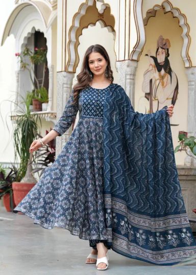Empire Style Pure Cotton Anarkali Kurta With Trousers & Dupatta