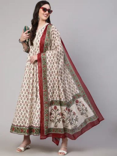 Empire Style Pure Cotton Anarkali Kurta With Trousers & Dupatta