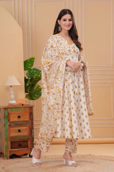 Empire Style Pure Cotton Anarkali Kurta With Trousers & Dupatta