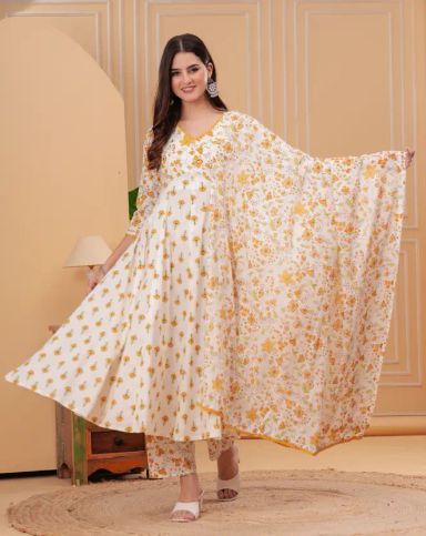 Empire Style Pure Cotton Anarkali Kurta With Trousers & Dupatta