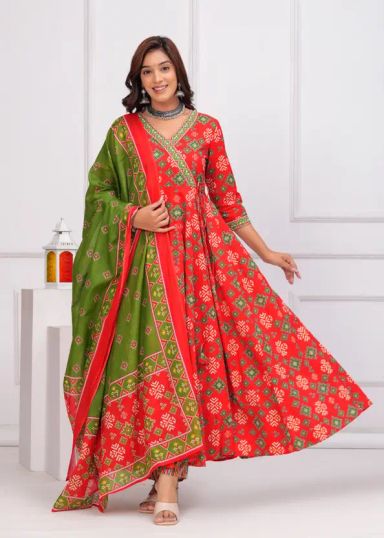 Empire Style Pure Cotton Anarkali Kurta With Trousers & Dupatta