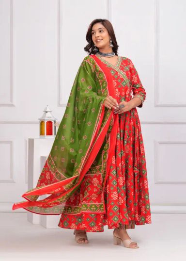 Empire Style Pure Cotton Anarkali Kurta With Trousers & Dupatta